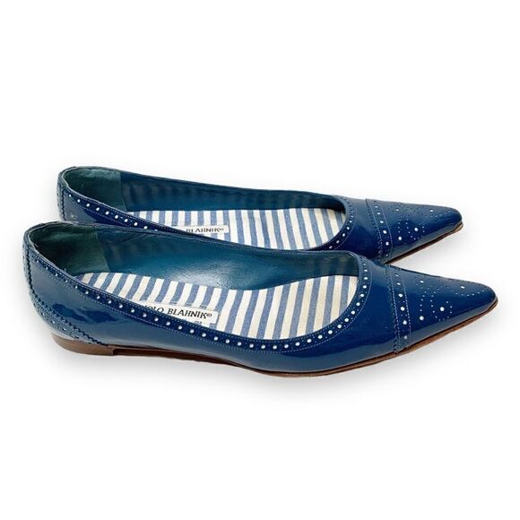 Manolo Blahnik PETUNIA Brogue Patent Leather Blue Tuxedo Ballet Flats Women’s 37 - Picture 2 of 9